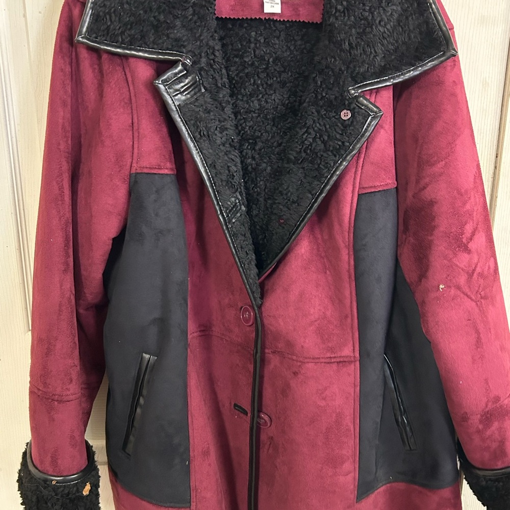 Stylish Burgundy and Black Faux Fur Coat